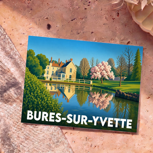 Carte postale souvenir de la ville de Bures-sur-Yvette avec une illustration stylisée d'un manoir se reflétant dans l'eau.