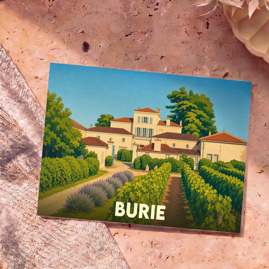 Carte postale souvenir de la ville de Burie illustrant une propriété viticole dans un style graphique épuré.