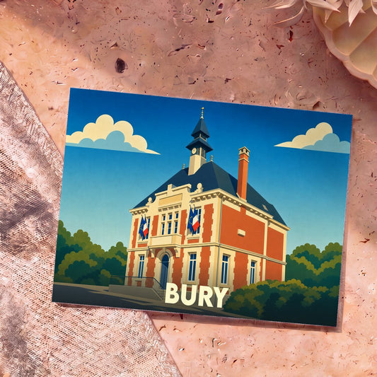 Carte postale souvenir de la ville de Bury avec une illustration stylisée de son hôtel de ville.