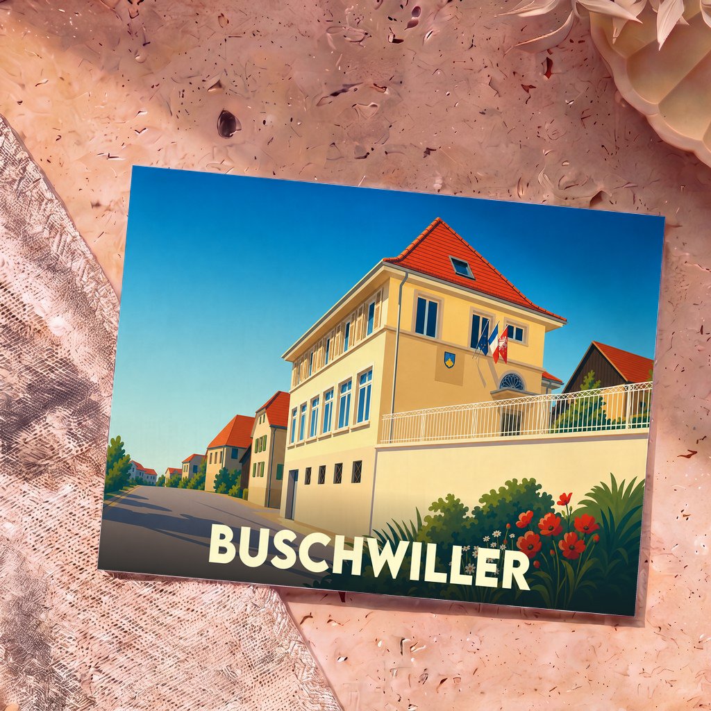 Carte postale souvenir de la ville de Buschwiller avec une illustration stylisée.