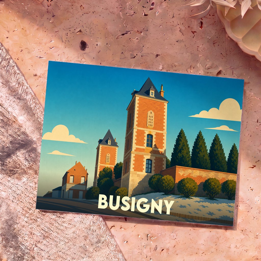 Carte postale souvenir de la ville de Busigny avec une illustration stylisée de ses bâtiments emblématiques.
