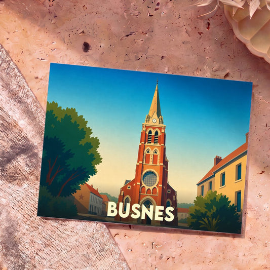Carte postale souvenir de la ville de Busnes avec une illustration stylisée de son église.