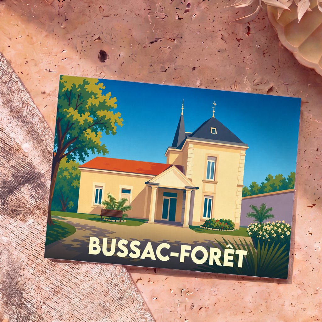 Carte postale souvenir de la ville de Bussac-Forêt avec une illustration stylisée de sa mairie.