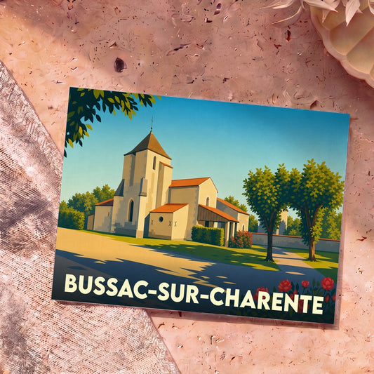 Carte postale souvenir de la ville de Bussac-sur-Charente avec une illustration stylisée de son église.