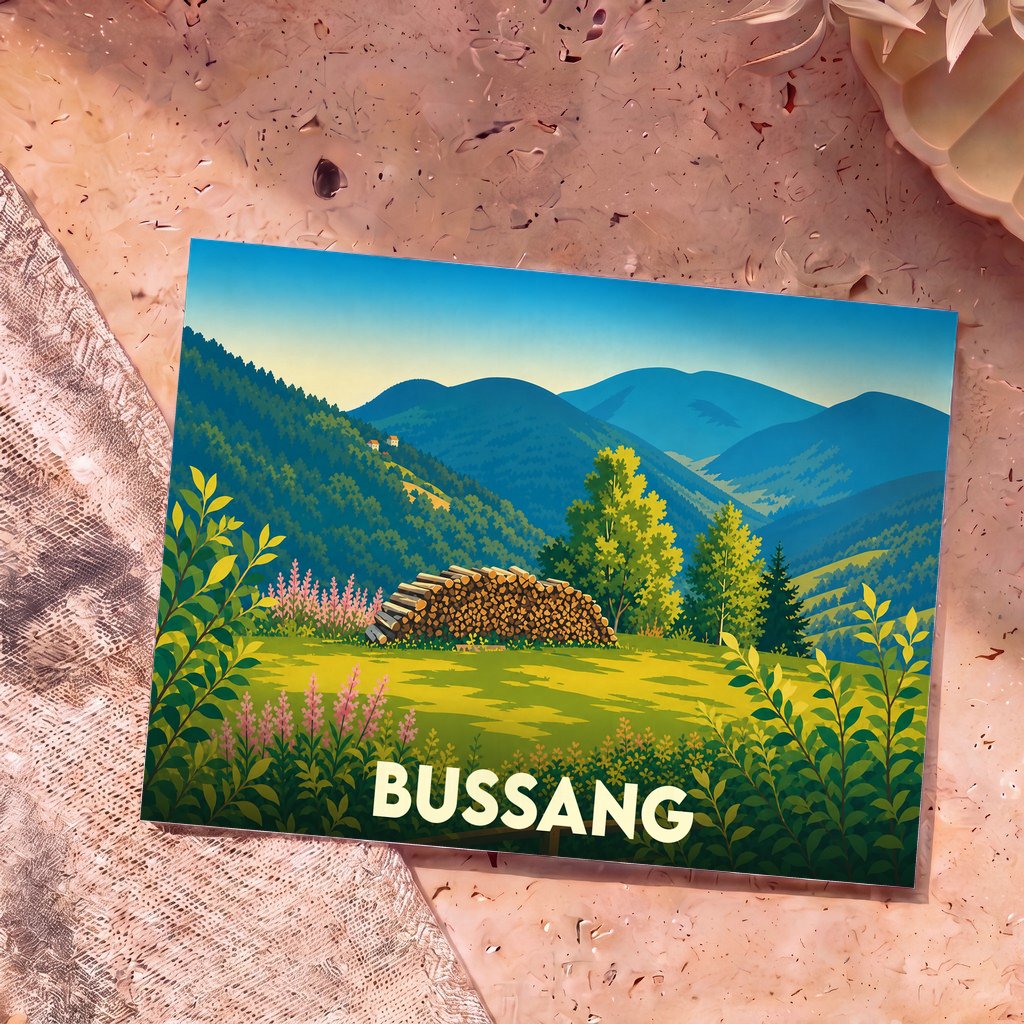 Carte postale souvenir de la ville de Bussang avec une illustration stylisée d'un paysage de montagne et d'un empilement de bois.