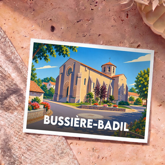 Carte postale souvenir de la ville de Bussière-Badil avec une illustration stylisée de son église.