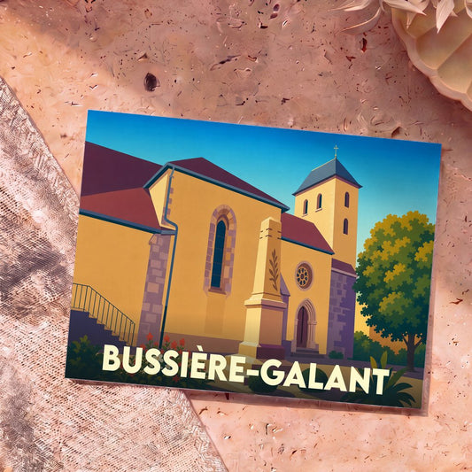 Carte postale souvenir de la ville de Bussière-Galant avec une illustration stylisée de son église.