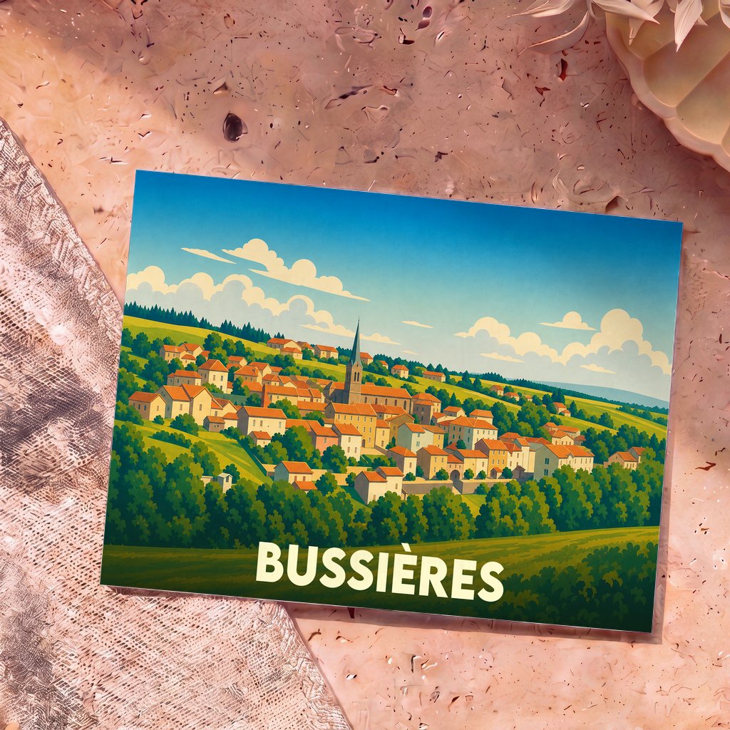 Carte postale souvenir de la ville de Bussières avec une illustration stylisée de ses maisons et de son clocher.