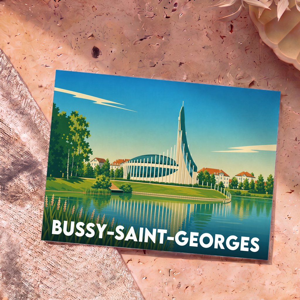 Carte postale souvenir de la ville de Bussy-Saint-Georges avec une illustration stylisée et colorée de son architecture moderne au bord de l'eau.