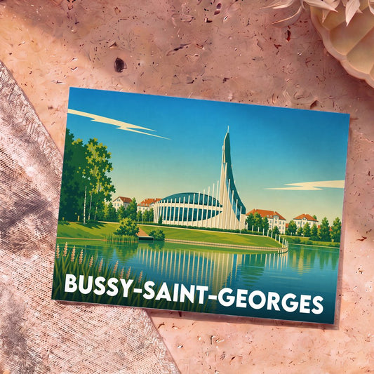 Carte postale souvenir de la ville de Bussy-Saint-Georges avec une illustration stylisée et colorée de son architecture moderne au bord de l'eau.