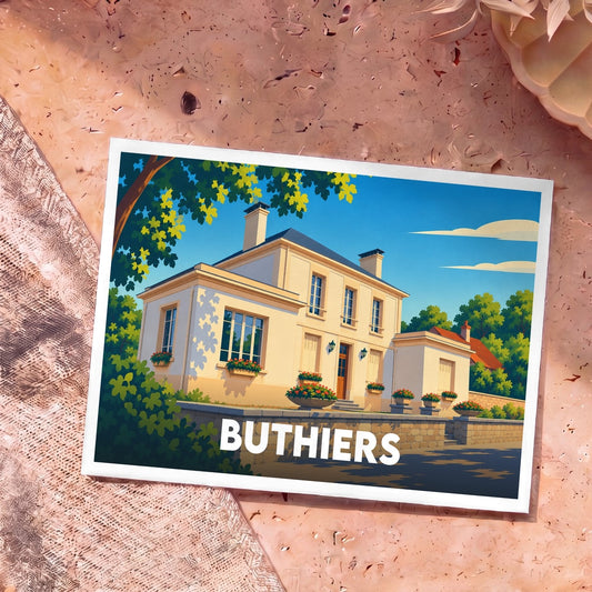 Carte postale souvenir de la ville de Buthiers avec une illustration stylisée d'une maison traditionnelle.