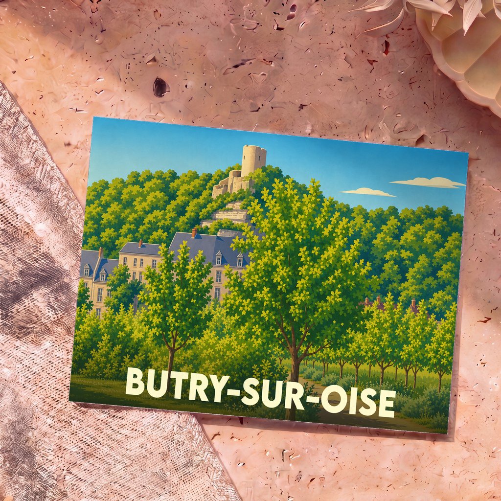 Carte postale souvenir de Butry-sur-Oise présentant une illustration stylisée d'un château surplombant la ville et ses arbres.