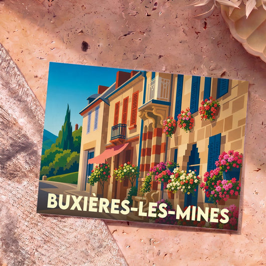 Carte postale souvenir de la ville de Buxières-les-Mines avec une illustration stylisée et colorée de façades fleuries.
