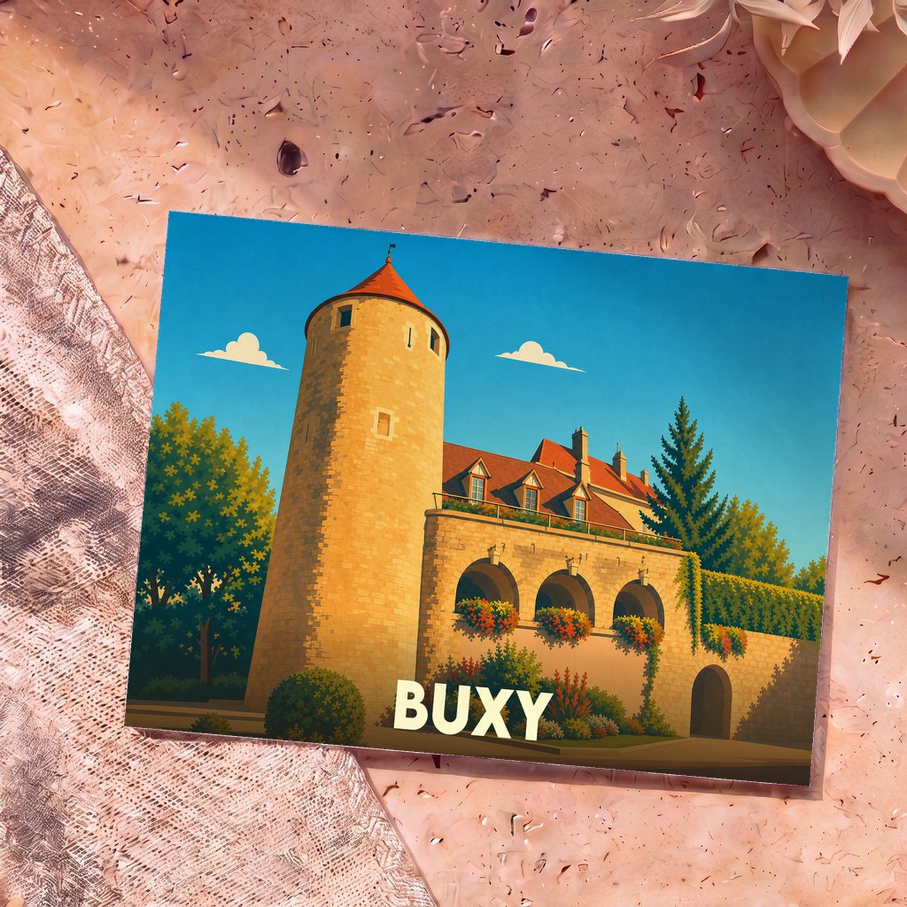 Carte postale souvenir de la ville de Buxy illustrant un château médiéval de style rétro.
