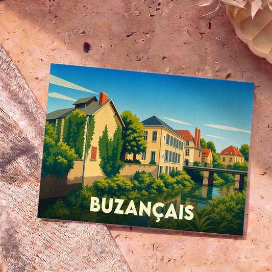 Carte postale souvenir de la ville de Buzançais avec une illustration stylisée d'un paysage urbain au bord de l'eau.