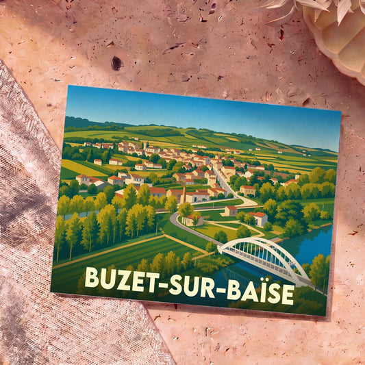 Carte postale souvenir de la ville de Buzet-sur-Baïse présentant une illustration colorée et stylisée de ses paysages.