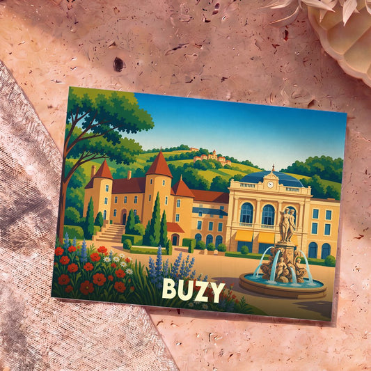 Carte postale souvenir de la ville de Buzy avec une illustration stylisée d'un château et d'une fontaine.