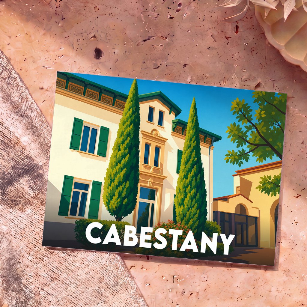 Carte postale souvenir de la ville de Cabestany avec une illustration stylisée d'une maison de maître entourée de cyprès.