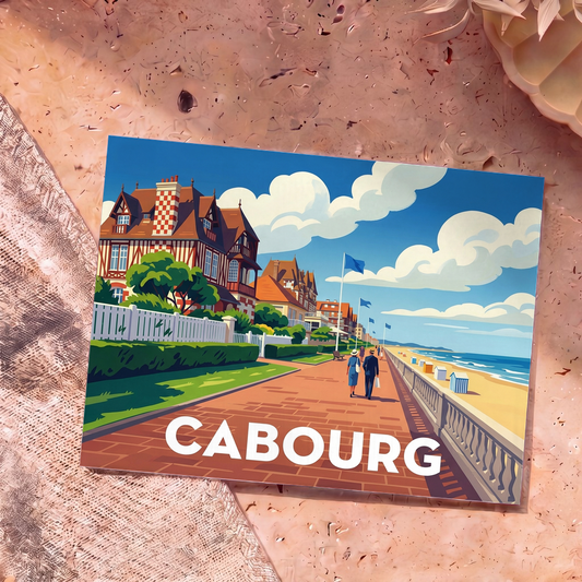Carte postale souvenir de la ville de Cabourg avec une illustration stylisée de sa promenade en bord de mer.