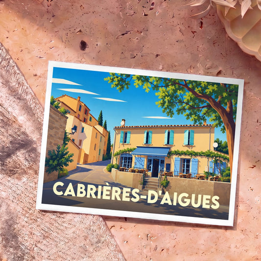 Carte postale souvenir de la ville de Cabrières-d'Aigues avec une illustration stylisée et colorée.