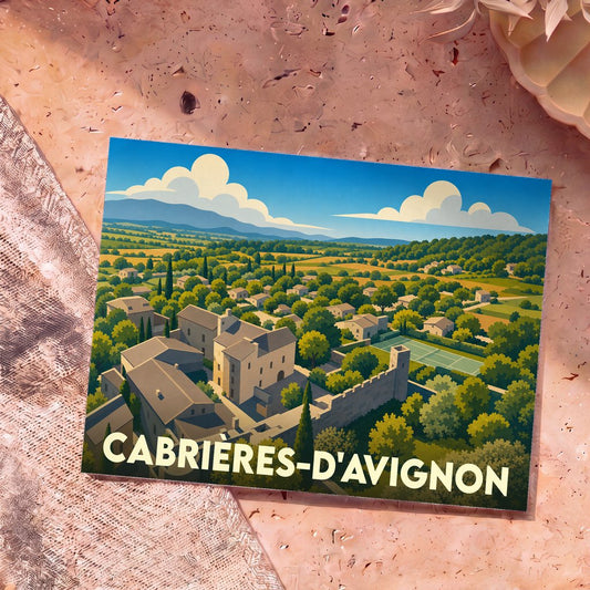 Carte postale souvenir de la ville de Cabrières-d'Avignon avec une illustration stylisée de ses paysages provençaux.