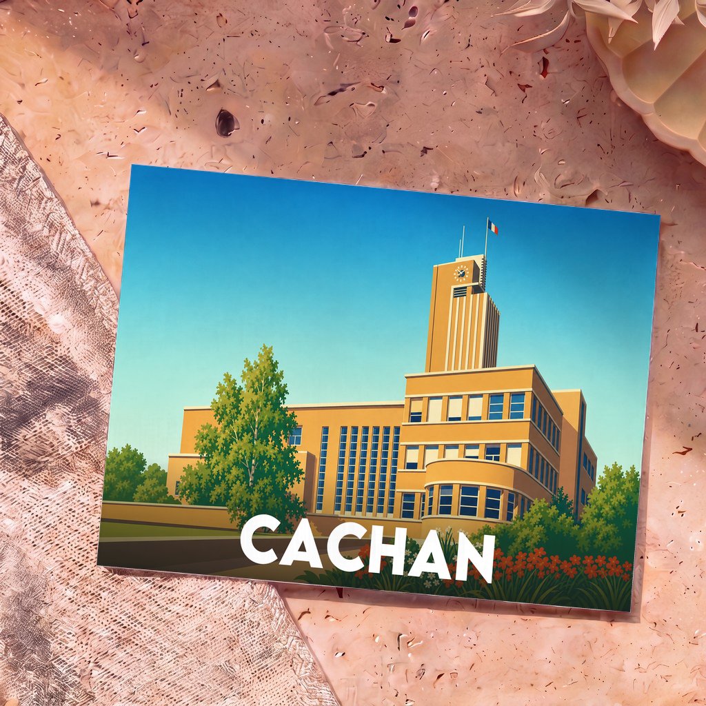 Carte postale souvenir de la ville de Cachan avec une illustration stylisée de son hôtel de ville.