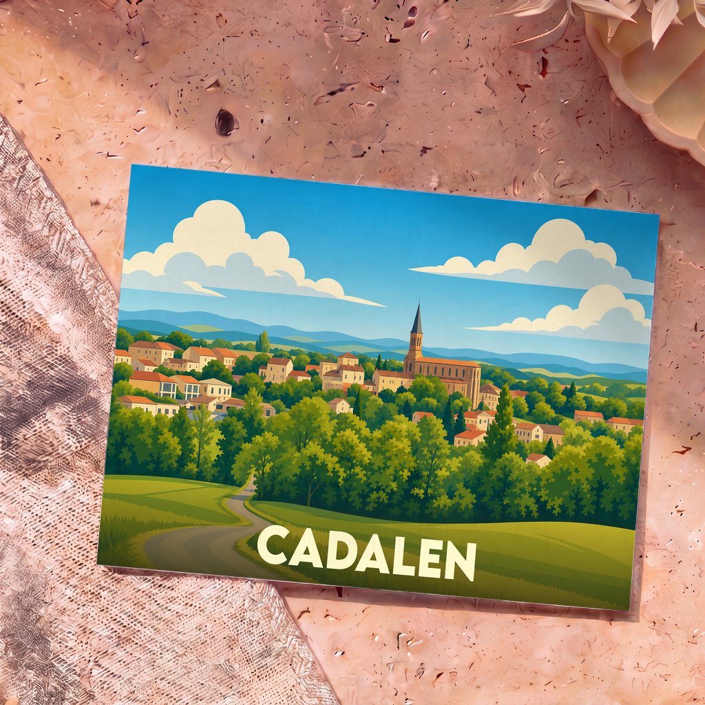 Carte postale souvenir de la ville de Cadalen ornée d'une illustration stylisée de son paysage vallonné.