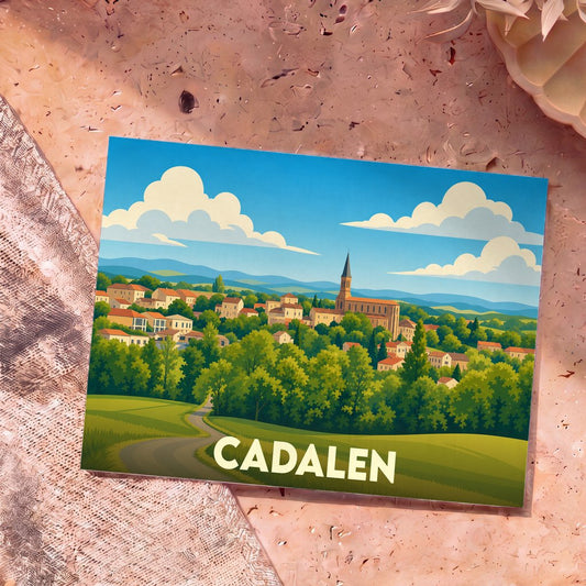 Carte postale souvenir de la ville de Cadalen ornée d'une illustration stylisée de son paysage vallonné.