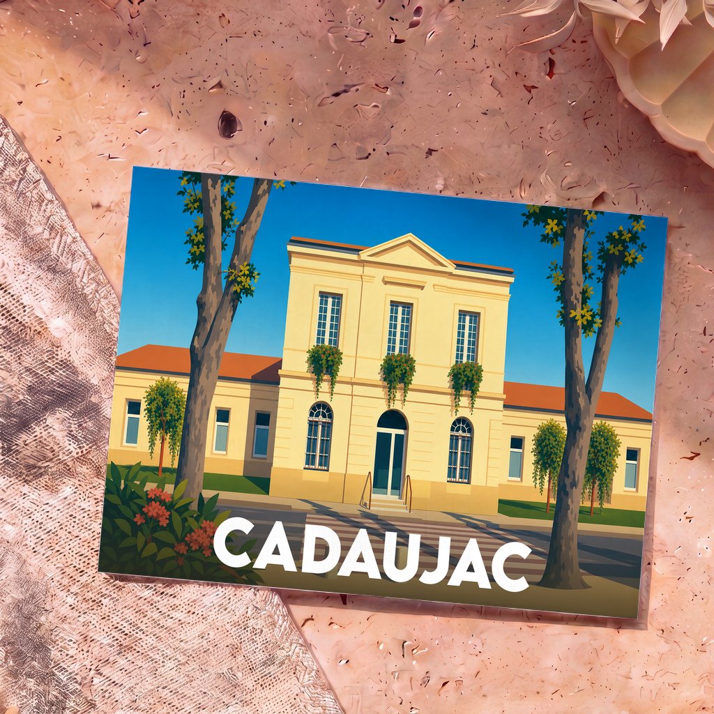 Carte postale souvenir de la ville de Cadaujac avec une illustration stylisée de sa mairie.