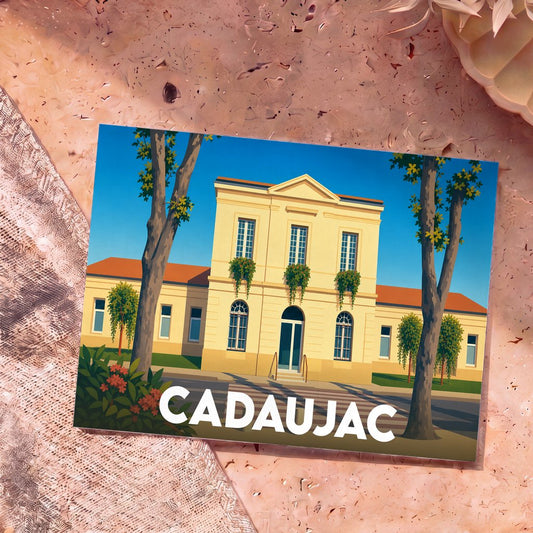 Carte postale souvenir de la ville de Cadaujac avec une illustration stylisée de sa mairie.