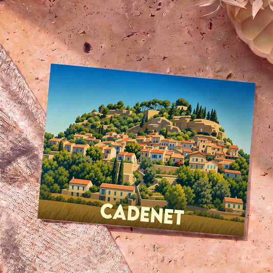 Carte postale souvenir de la ville de Cadenet avec une illustration stylisée d'un village provençal à flanc de colline.