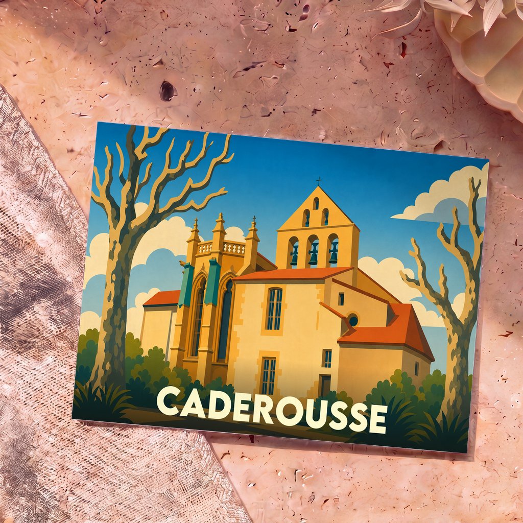Carte postale souvenir de la ville de Caderousse avec une illustration stylisée de son église et de son clocher-mur.