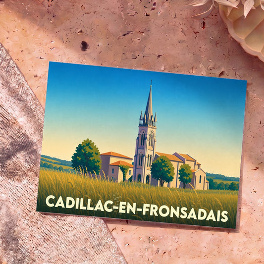 Carte postale souvenir de Cadillac-en-Fronsadais illustrant son église entourée de champs sous un ciel azur.