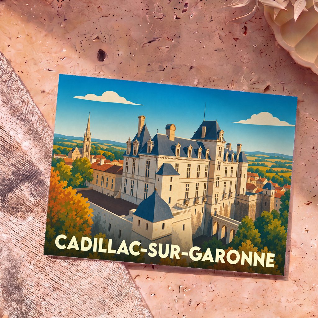 Carte postale souvenir de Cadillac-sur-Garonne illustrant son château et ses paysages dans un style vintage coloré.