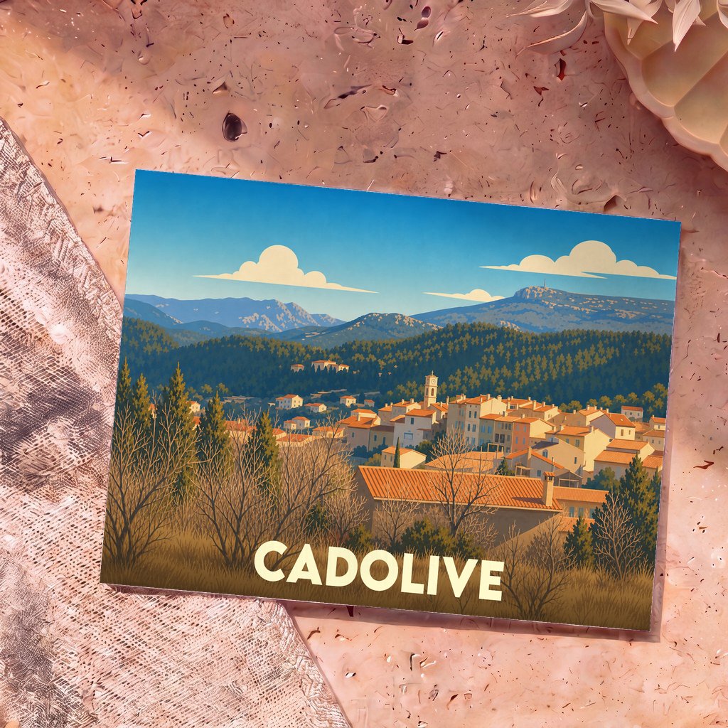 Carte postale souvenir de la ville de Cadolive avec une illustration stylisée d'un village provençal niché dans les collines.