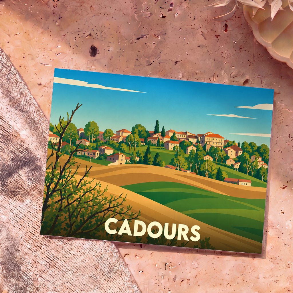 Carte postale souvenir de la ville de Cadours avec une illustration stylisée d'un village vallonné.