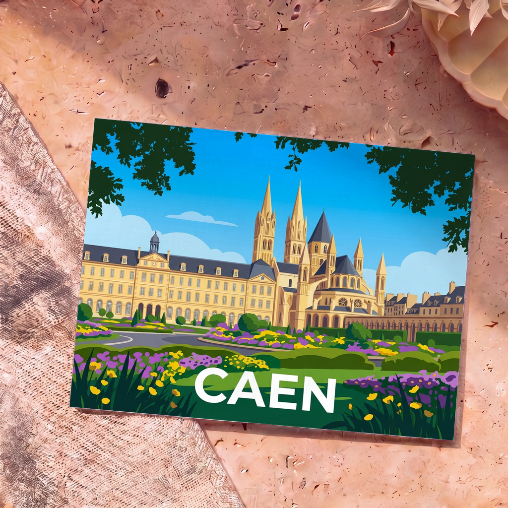 Carte postale souvenir de la ville de Caen avec une illustration stylisée de l'Abbaye aux Hommes et de ses jardins fleuris.