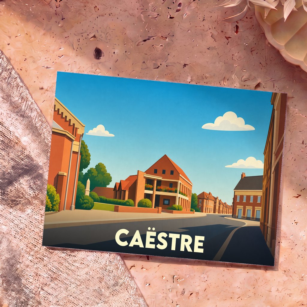 Carte postale souvenir de la ville de Caëstre avec une illustration stylisée d'une rue bordée de maisons en briques.