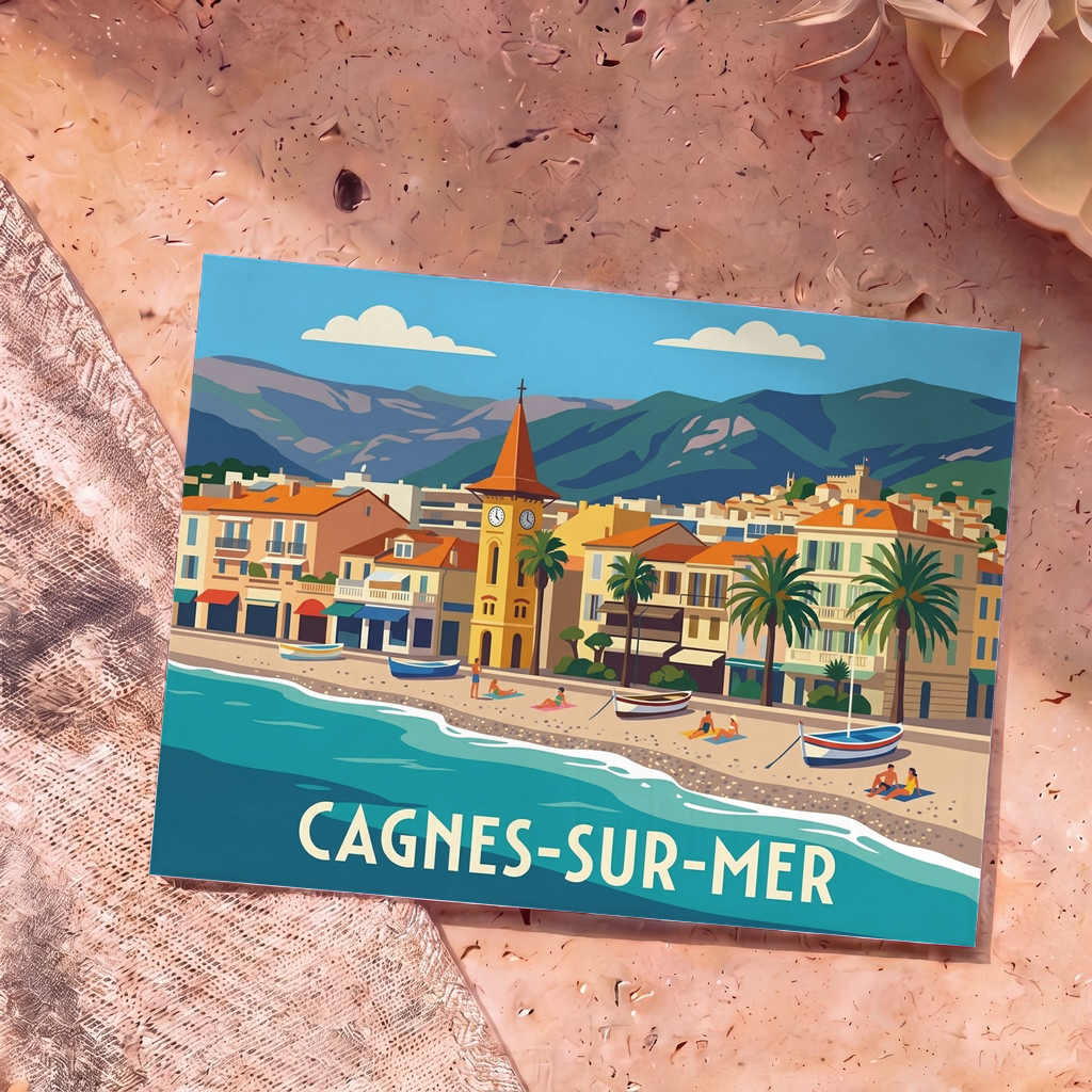 Carte postale souvenir de la ville de Cagnes-sur-Mer avec une illustration stylisée de son front de mer et de ses montagnes.