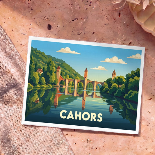 Carte postale souvenir de la ville de Cahors avec une illustration stylisée du pont Valentré.