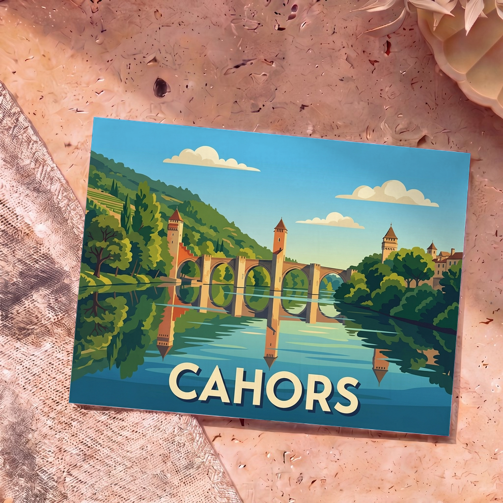 Carte postale souvenir de la ville de Cahors avec une illustration stylisée du pont Valentré.