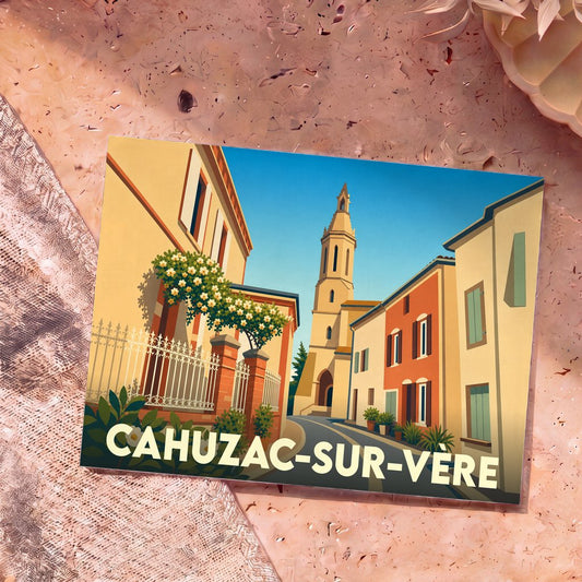 Carte postale souvenir de la ville de Cahuzac-sur-Vère avec une illustration stylisée.