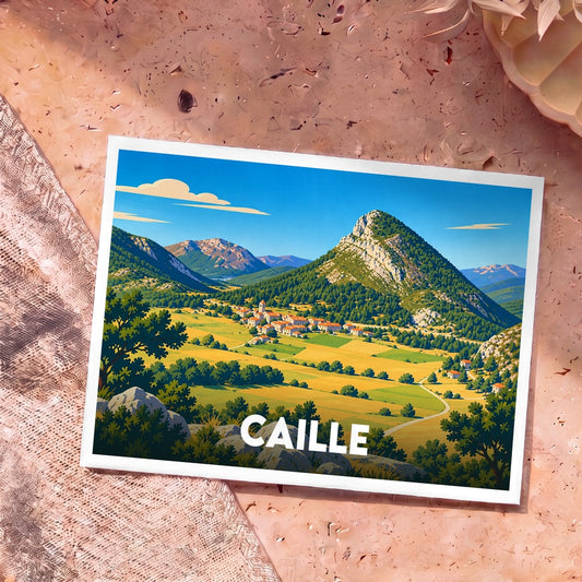 Carte postale souvenir de la ville de Caille avec une illustration paysagère stylisée.