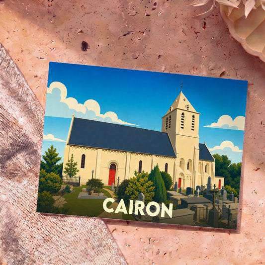 Carte postale souvenir de la ville de Cairon avec une illustration stylisée de son église et de son cimetière.