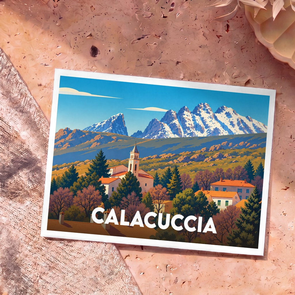Carte postale souvenir de la ville de Calacuccia illustrant son église et ses montagnes enneigées dans un style graphique épuré.