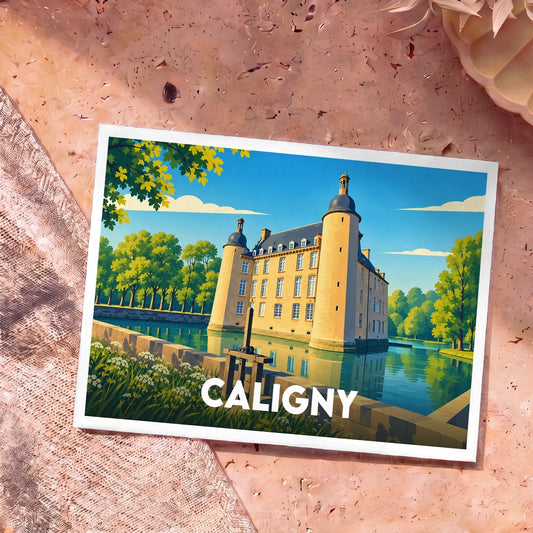 Carte postale souvenir de la ville de Caligny illustrant un château entouré d'eau dans un style graphique épuré.