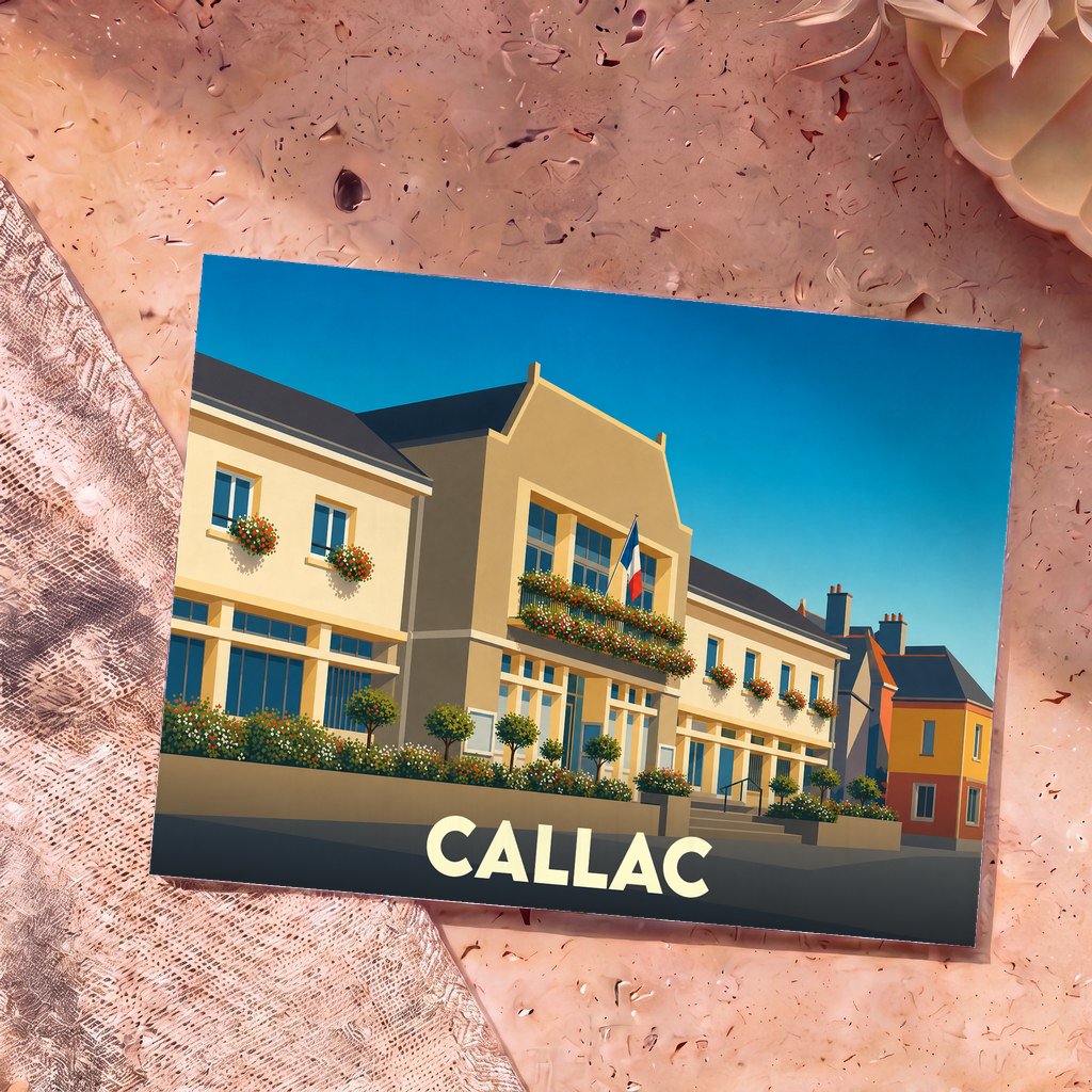 Carte postale souvenir de la ville de Callac illustrant la mairie avec un style graphique épuré.