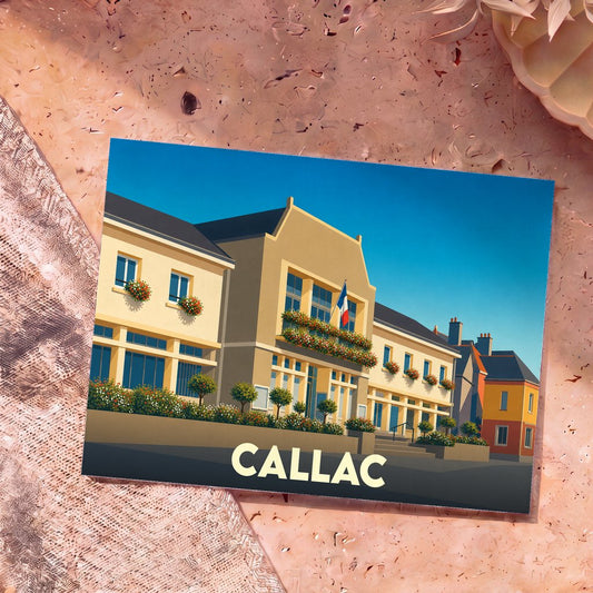 Carte postale souvenir de la ville de Callac illustrant la mairie avec un style graphique épuré.