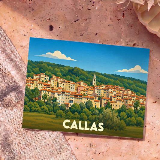 Carte postale souvenir de la ville de Callas avec une illustration stylisée d'un village perché.