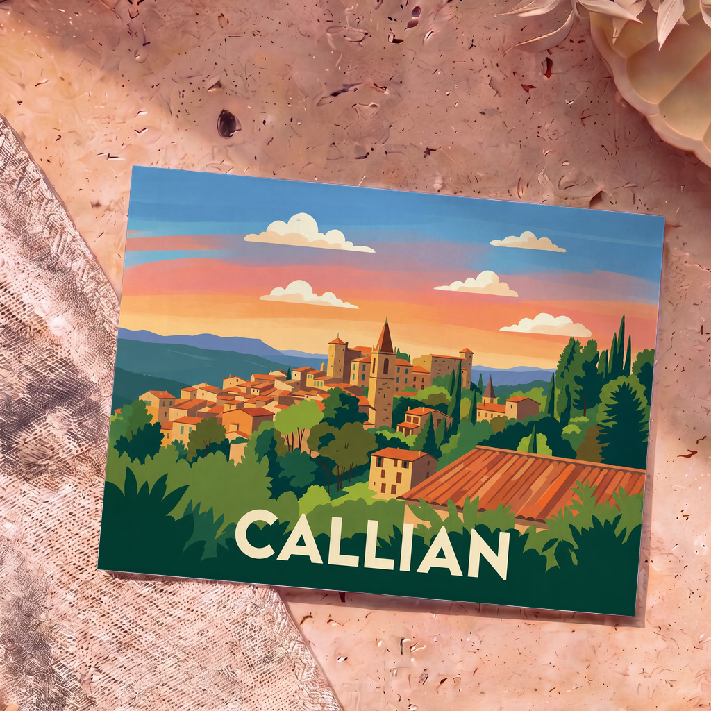 Carte postale souvenir de la ville de Callian avec une illustration colorée et stylisée de ses toits provençaux au coucher du soleil.